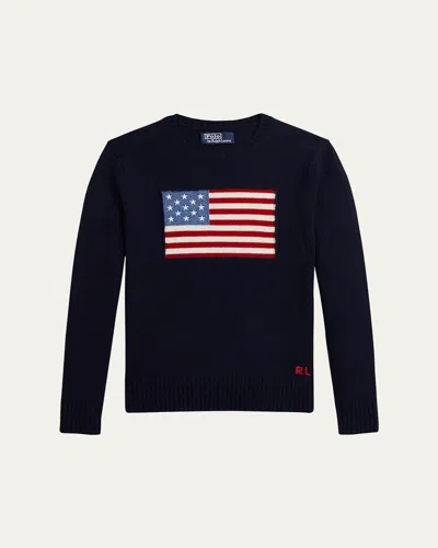 Ralph Lauren Boy's American Flag Cashmere Sweater In Blue