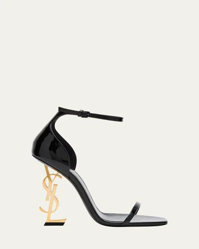 Saint Laurent 110mm Opyum Ysl Patent Leather Sandals With Golden Hardware In Black