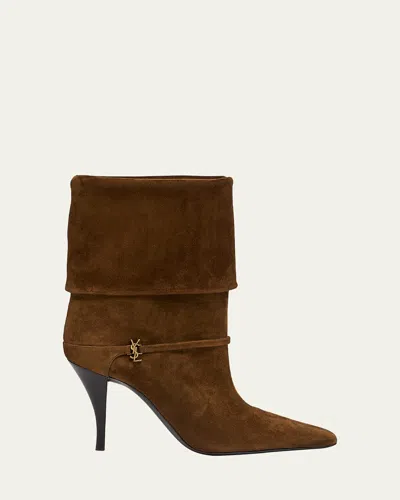 Saint Laurent Niki Suede Ysl Stiletto Ankle Booties In Brown
