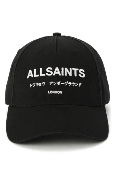 Allsaints Underground Logo Adjustable Cotton Canvas Baseball Cap In Black