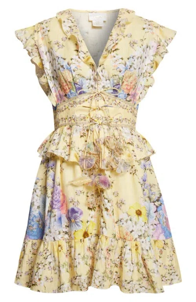 Camilla Floral-print Linen-voile Mini Dress In Yellow