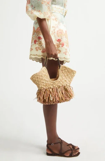 Zimmermann Goldentime Large Embellished Leather-trimmed Fringed Raffia Tote In Brown