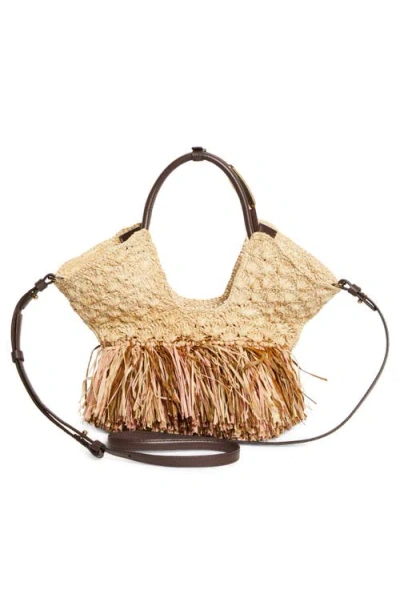 Zimmermann Goldentime Large Embellished Leather-trimmed Fringed Raffia Tote In Brown