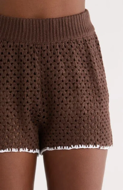 Elan Open Knit Cover-up Shorts In Brown