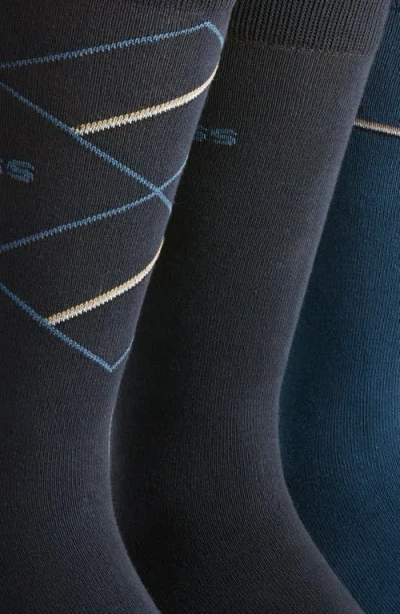 Hugo Boss Boss Assorted 3-pack Icon Pattern & Solid Cotton Blend Dress Socks Gift Box In Multi