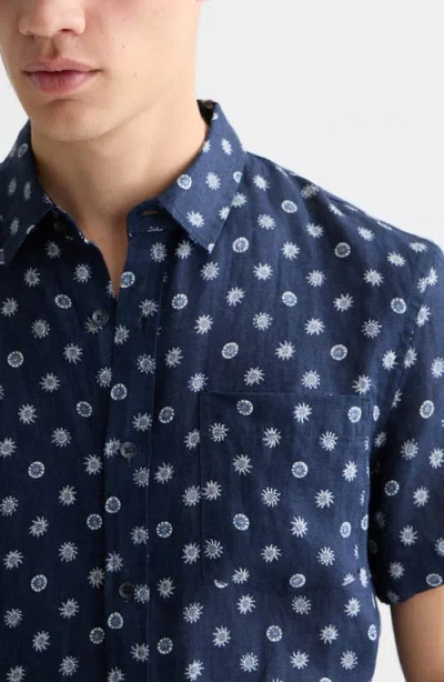 Scotch & Soda Star Flower Print Short Sleeve Linen Button-up Shirt In Blue
