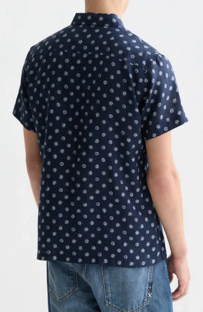 Scotch & Soda Star Flower Print Short Sleeve Linen Button-up Shirt In Blue