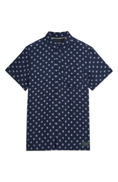 Scotch & Soda Star Flower Print Short Sleeve Linen Button-up Shirt In Blue