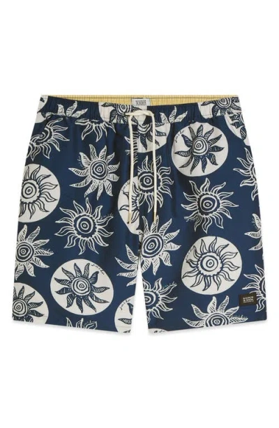 Scotch & Soda Print Swim Trunks In Blue