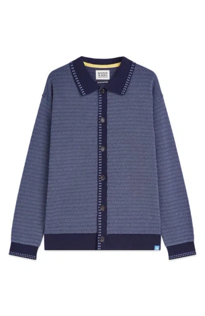 Scotch & Soda Jacquard Cotton Polo Cardigan In Blue