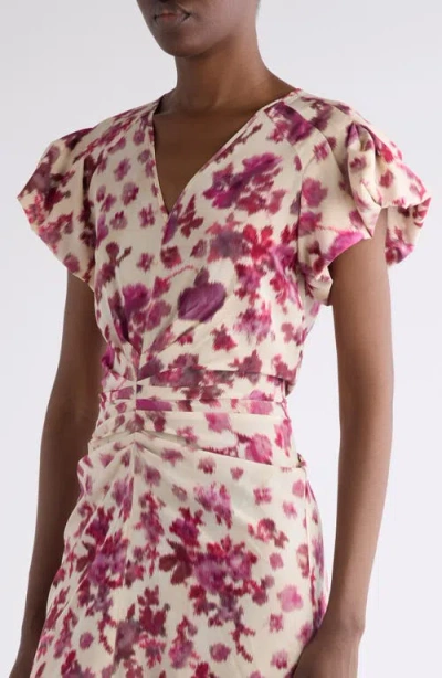 Isabel Marant Terenae Ikat Print Bubble Sleeve Stretch Silk Midi Dress In Pink