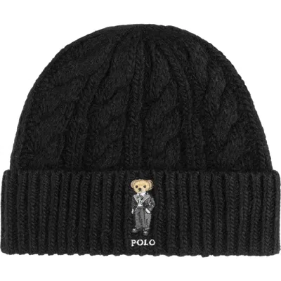 Polo Ralph Lauren Tux Bear Cable Merino Wool, Alpaca & Linen Beanie In Black