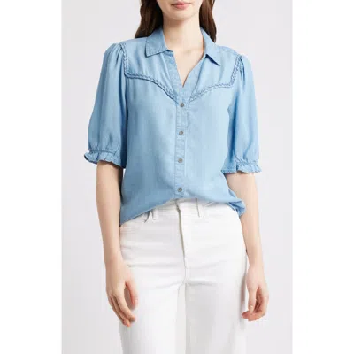 Beachlunchlounge Indira Short Sleeve Denim Button-up Shirt In Blue