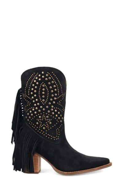 Dingo Star Power Fringe & Stud Western Boot In Black