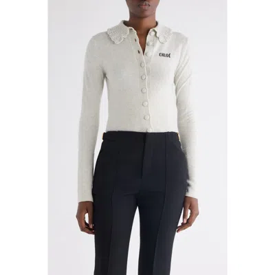 Chloé Wool Cardigan Logo Long Sleeves Scalloped Collar In White