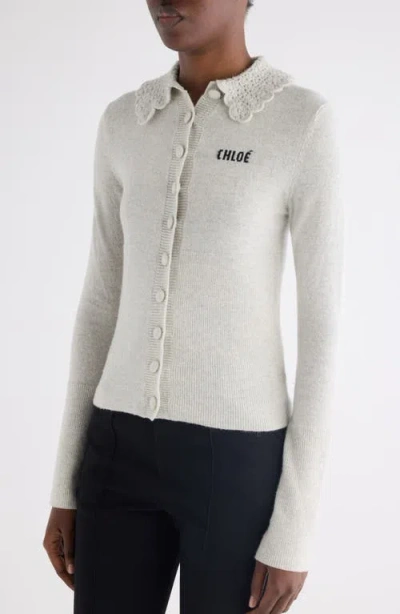 Chloé Wool Cardigan Logo Long Sleeves Scalloped Collar In White