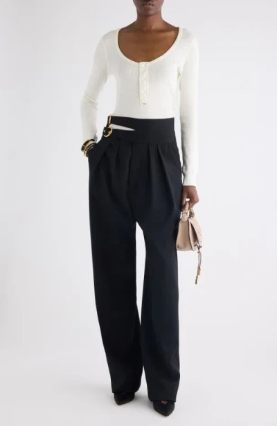 Chloé Buckle Keyhole High Waist Wool Straight Leg Pants In White