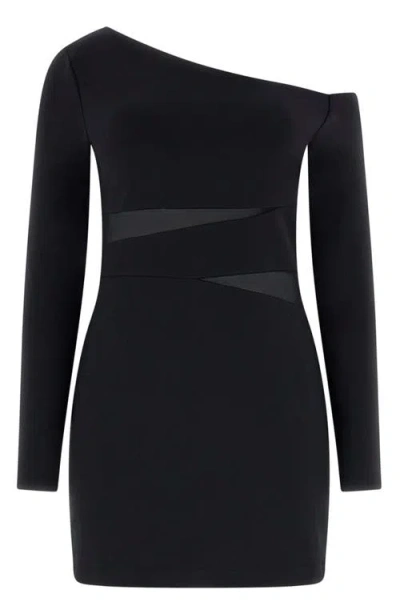 Guess Asymmetric Off The Shoulder Long Sleeve Minidress In Black