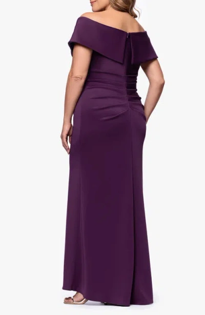 Xscape Evenings Off The Shoulder Scuba Knit Gown In Purple