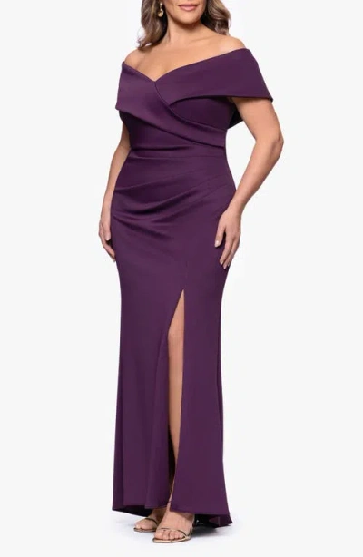 Xscape Evenings Off The Shoulder Scuba Knit Gown In Purple