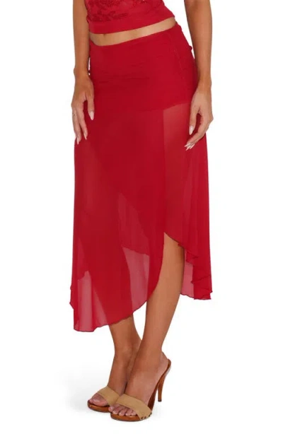 Tiger Mist Mariana Asymmetric Hem Mesh Skirt In Red