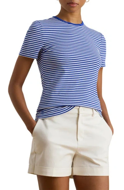 Ralph Lauren Lauren  Stripe Cotton Ringer Neck T-shirt In Blue
