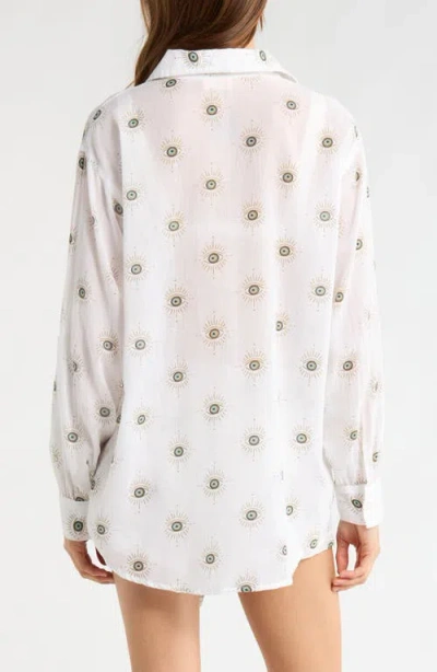 Elan Evil Eye Print Button-up Cover-up Shirt In White