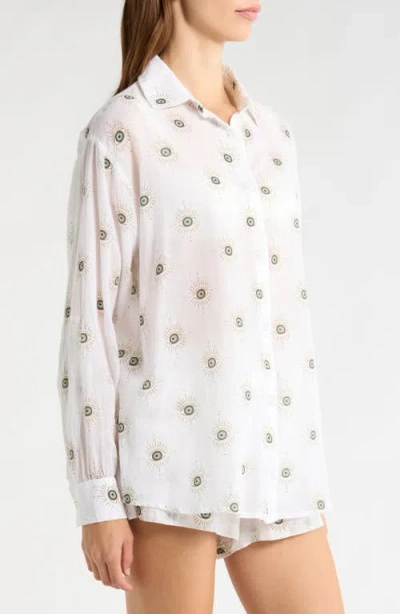 Elan Evil Eye Print Button-up Cover-up Shirt In White