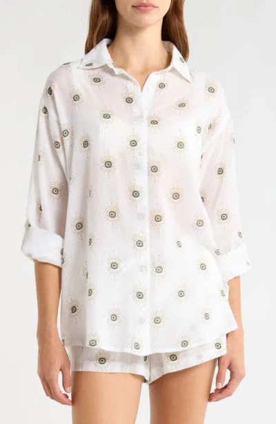 Elan Evil Eye Print Button-up Cover-up Shirt In White