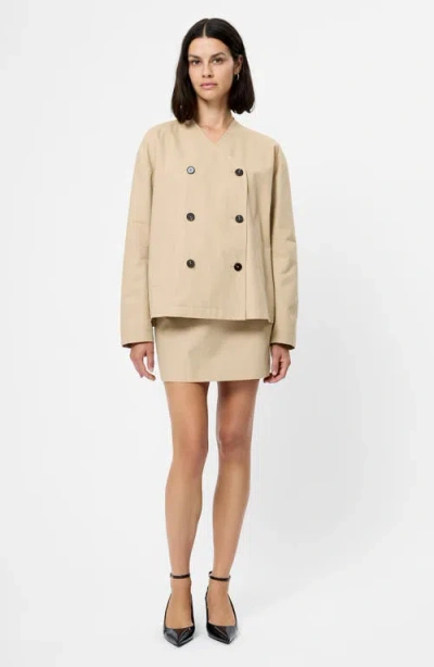 French Connection Collarless Double Breasted Cotton Twill Jacket In Brown