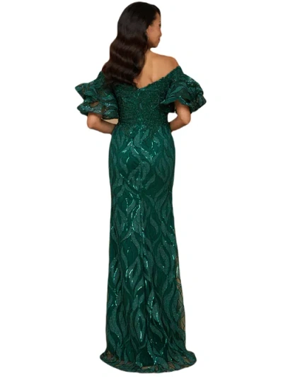 Lara New York Off Shoulder Mermaid Beaded Gown With Tiered Sleeves In Green