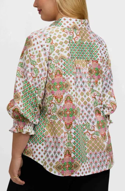 Foxcroft Olivia Patchwork Print Smocked Cuff Cotton Button-up Shirt In Multi