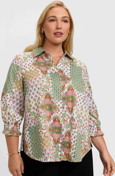Foxcroft Olivia Patchwork Print Smocked Cuff Cotton Button-up Shirt In Multi