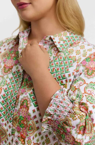 Foxcroft Olivia Patchwork Print Smocked Cuff Cotton Button-up Shirt In Multi
