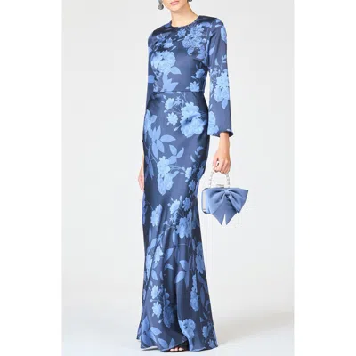 Sachin & Babi Alex Crystal Detail Floral Long Sleeve Satin Crepe Gown In Blue