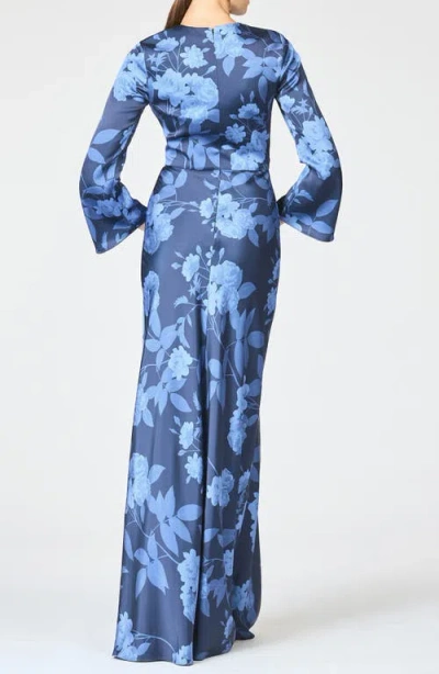 Sachin & Babi Alex Crystal Detail Floral Long Sleeve Satin Crepe Gown In Blue