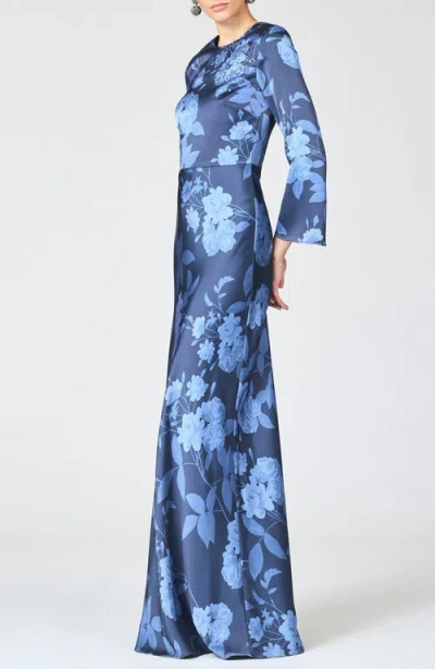 Sachin & Babi Alex Crystal Detail Floral Long Sleeve Satin Crepe Gown In Blue
