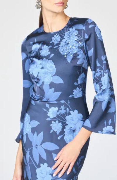 Sachin & Babi Alex Crystal Detail Floral Long Sleeve Satin Crepe Gown In Blue