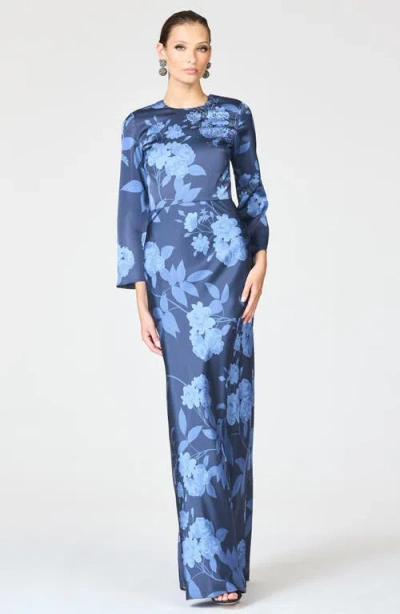 Sachin & Babi Alex Crystal Detail Floral Long Sleeve Satin Crepe Gown In Blue
