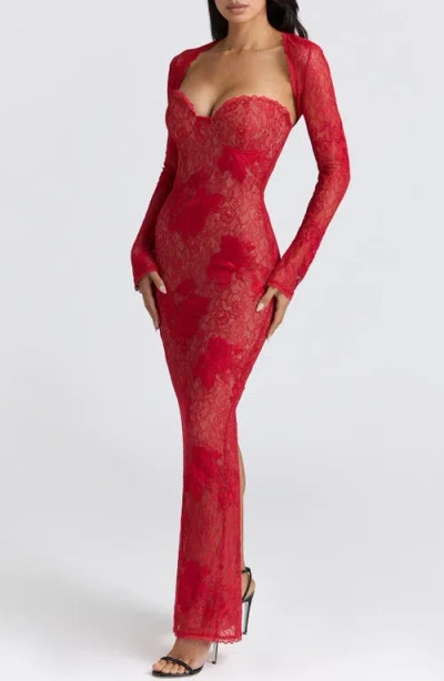 House Of Cb Lucienne Lace Corset Strapless Gown & Bolero In Red