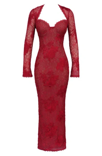 House Of Cb Lucienne Lace Corset Strapless Gown & Bolero In Red