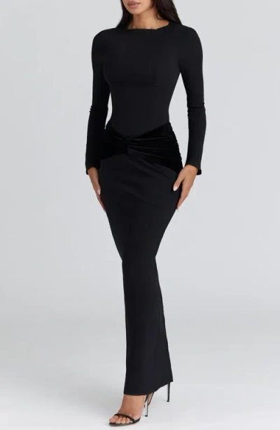 House Of Cb Athena Long Sleeve Stretch Crepe Gown In Black