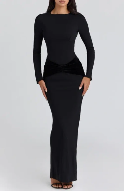 House Of Cb Athena Long Sleeve Stretch Crepe Gown In Black