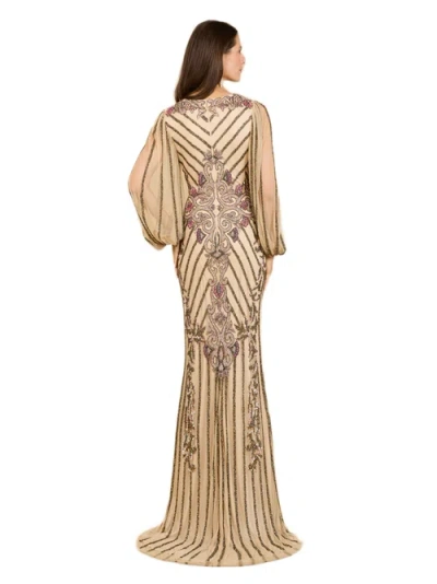 Lara New York Long Flutter Sleeves Beaded Dress In Neutral