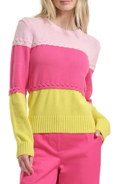 Isaac Mizrahi New York Braid Accent Colorblock Cotton Crewneck Sweater In Multi