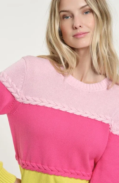 Isaac Mizrahi New York Braid Accent Colorblock Cotton Crewneck Sweater In Multi