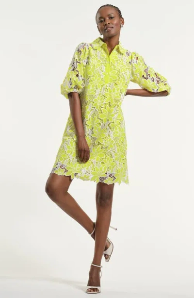 Isaac Mizrahi New York Floral Lace Eyelet Swing Shirtdress In Yellow