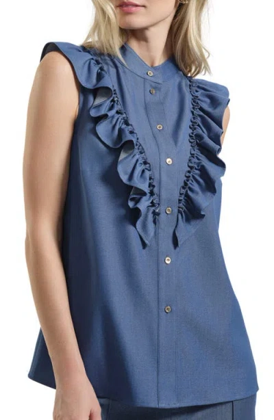 Isaac Mizrahi New York Ruffle Button-up Shirt In Blue