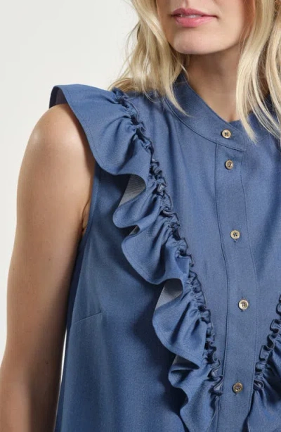 Isaac Mizrahi New York Ruffle Button-up Shirt In Blue