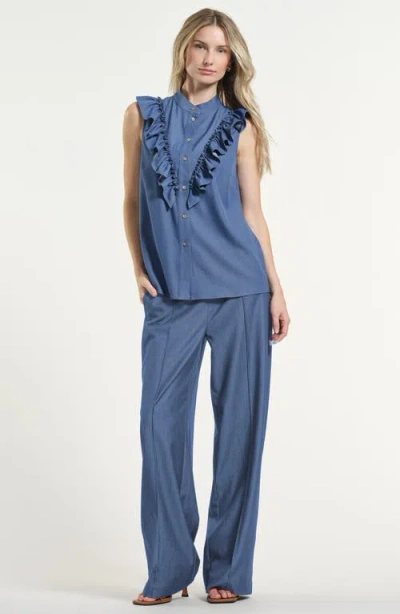 Isaac Mizrahi New York Ruffle Button-up Shirt In Blue